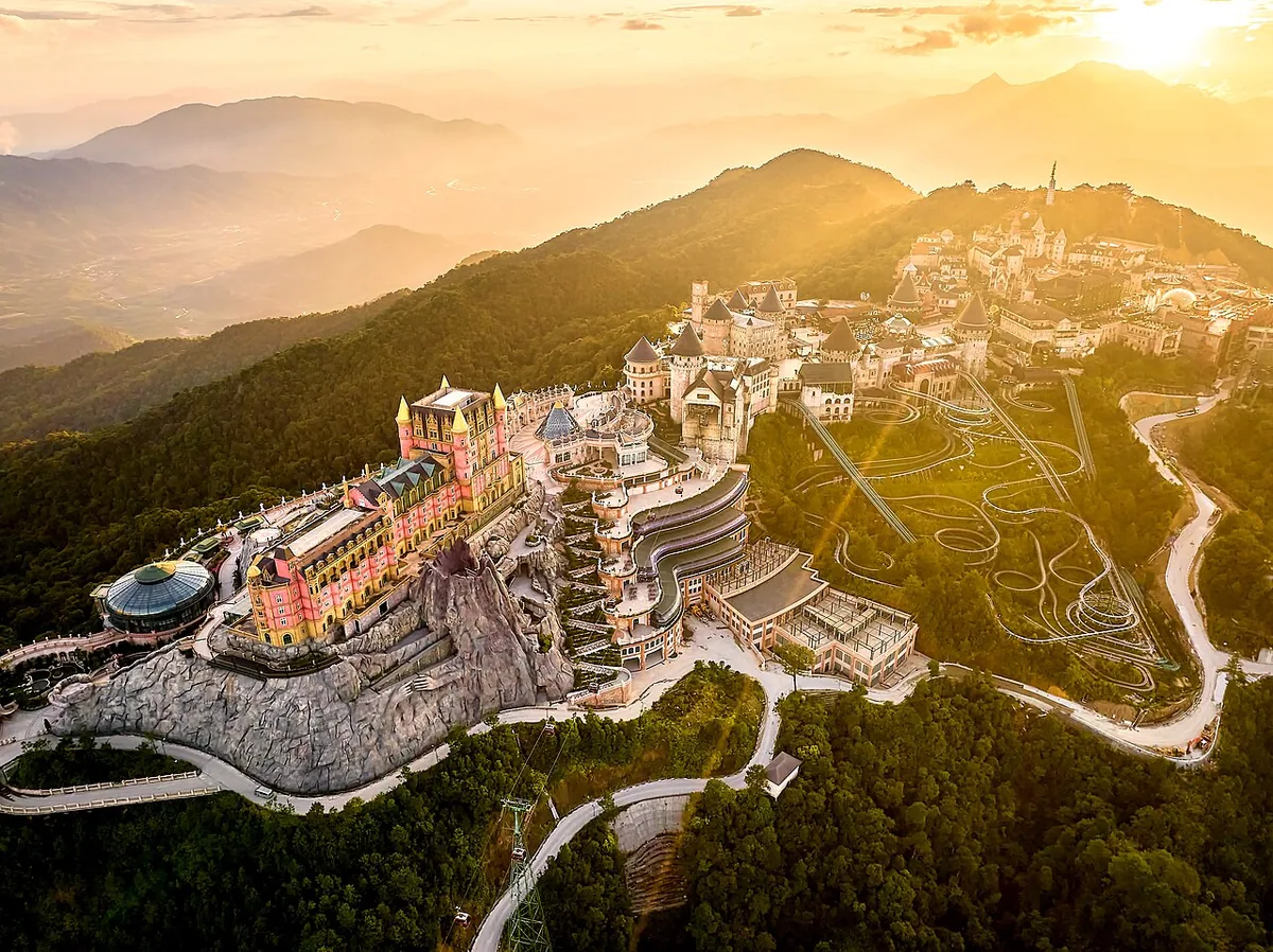 Ba Na Hills Sun World aerial sunset Da Nang Vietnam entertainment complex